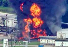 Residents within 1.5 miles of the Arkema chemical plant in Crosby, Texas, have been warned to evacuat as the plant caught fire. (Image courtesy of YouTube)