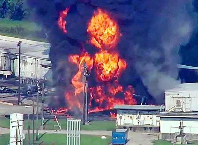 Residents within 1.5 miles of the Arkema chemical plant in Crosby, Texas, have been warned to evacuat as the plant caught fire. (Image courtesy of YouTube)