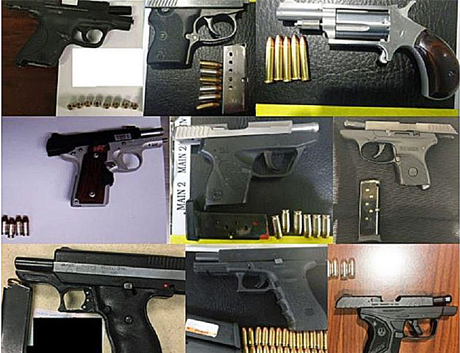 All of the firearms pictured here & more were discovered over the last week. See complete lists below. (Image courtesy of the TSA)