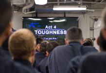 Sailors attend "Full Speed Ahead" training in the mess decks aboard the Ticonderoga-class guided-missile cruiser USS Princeton (CG 59), designed to reinforce the Navy's core attributes and help build a strong foundation for professional and resilient Sailors.(Image courtesy of the U.S. Navy by Mass Communication Specialist 3rd Class Kelsey J. Hockenberger)