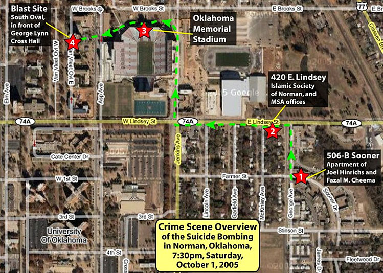 This image shows the relevent sites related to the bombing that killed Joel Henry Hinrichs III at 7:30 pm on Saturday, October 1, 2005. (Image courtesy of ZombieTime and Google Maps)
