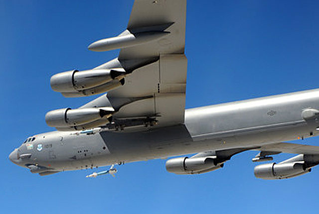 A B-52 Stratofortress from the 2nd Bomb Wing drops a Paveway II Plus LGB GBU-12 (500 pound) during a training mission at Hill Air Force Base in Utah. (Image courtesy U.S. Air Force)