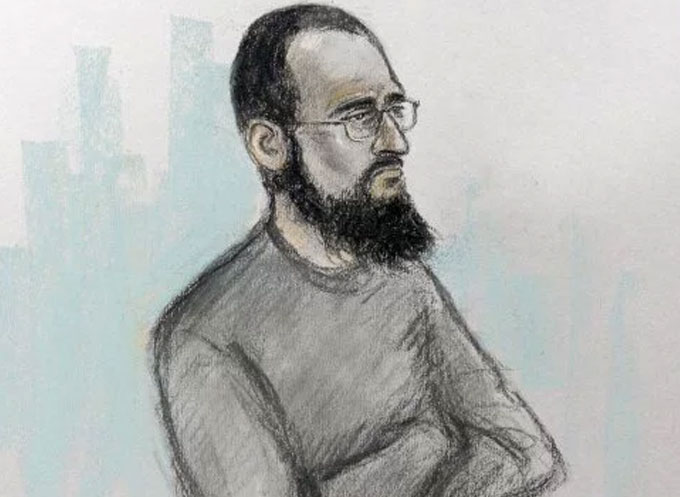 Court artist sketch by Elizabeth Cook of Husnain Rashid in the dock at Westminster Magistrates’ Court (Courtesy of Ms. Cook, PA, and YouTube)
