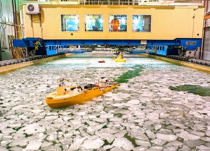 Model testing in the National Research Council’s (NRC) ice tank facility in St. John’s, Newfoundland, Canada