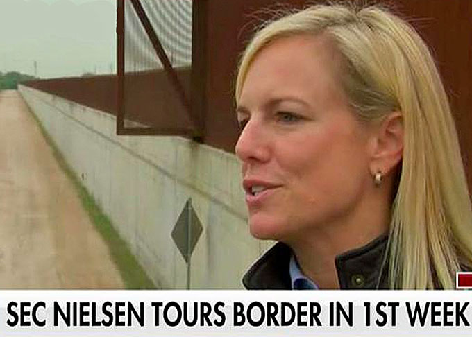 Homeland Security Secretary Kirstjen Nielsen told The Associated Press on Tuesday that the wall would be “first and foremost” in any package that includes new protections for DACA recipients. (Image courtesy of Fox News via YouTube)