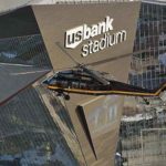 A US Customs and Border Protection Air and Marine Operations UH-60 Black Hawk helicopter flies over U.S. Bank Stadium in advance of Super Bowl LII (Image courtesy of Glenn Fawcett)