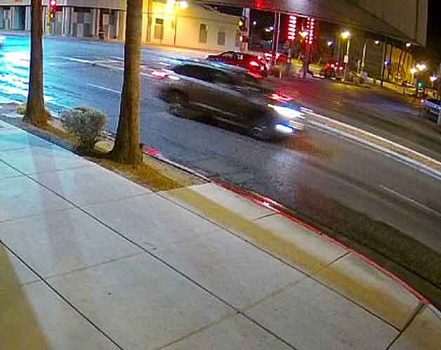 CCTV footage captured the shooter's car on camera. The suspect drove a late-model, 2016-2018, Hyundai Tucson sport that's silver, gray or light blue (Image courtesy of the LVMPD via Facebook)