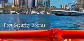 Rapidly deployable reel-mounted booms can close off waterways and docks from potential waterborne threats in minutes