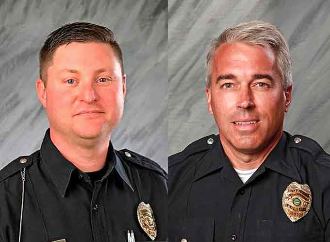 Officers Eric Joering and Anthony Morelli were fatally shot answering a 911 hangup call in Ohio on Saturday (Image courtesy of the Westerville Police Department and YouTube)