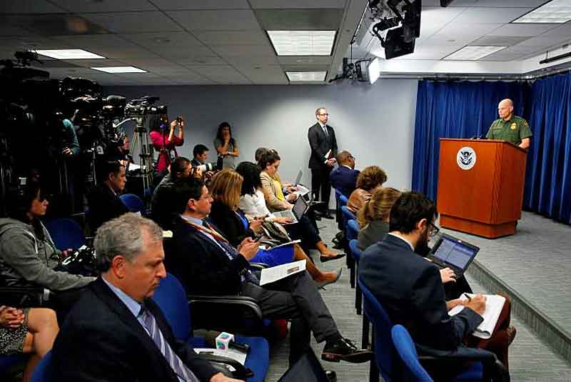 U.S. CBP Acting Deputy Commissioner Ronald Vitiello briefs the media on border security and the status of border wall construction along the U.S.-Mexico border at U.S. Customs and Border Protection headquarters in Washington D.C., Friday. (Image courtesy of Glenn Fawcett)