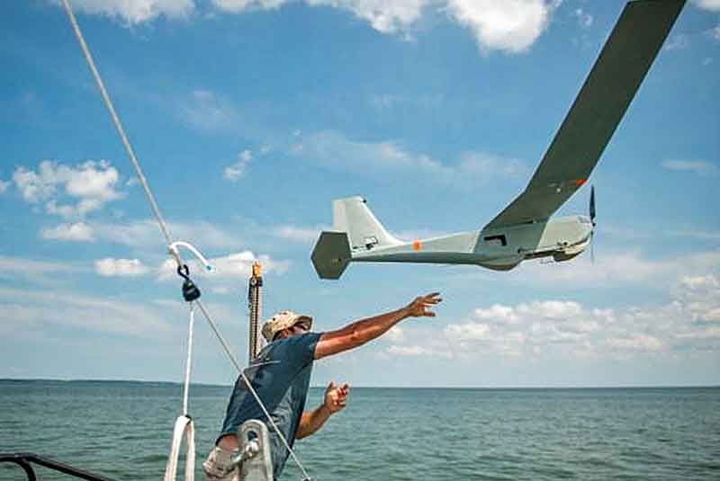 An AeroVironment Puma AE (All Environment sUAS) being launched from the water. (Courtesy of the USCG)