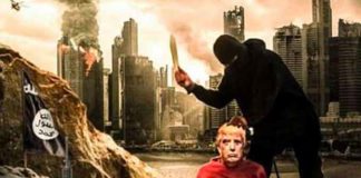 The poster shows President Donald Trump on his knees in an orange jumpsuit with an ISIS fighter about to cut his throat, while the city of New York burns in the background. (Courtesy of MEMRI JTTM)