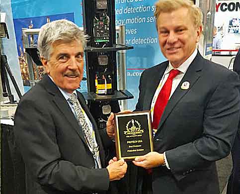 Larry Thomas, COO of PROTECH accepting the 2017 ‘ASTORS’ Gold Award for Best Perimeter Security System at ISC East.