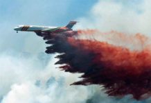 A plane drops fire-retardant chemicals on the 416 Fire near Durango, CA, U.S. on June 9, 2018 (Courtesy of La Plata County)