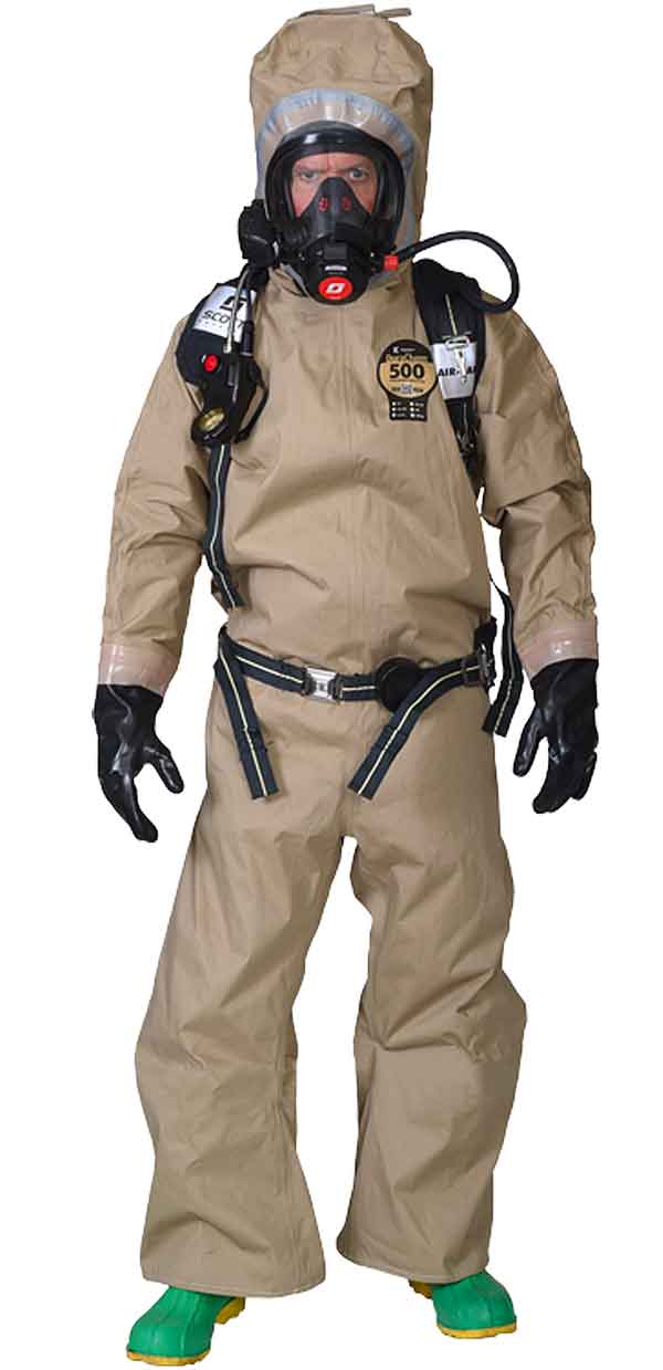 Attached Hood with Rubber Gasket Face Opening, Rear Entry Zipper, Attached Butyl Gloves, Attached Sock Booties with Boot Flaps.