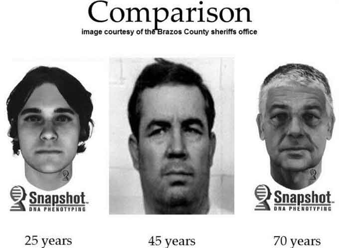 Images courtesy of the Brazos County sheriff’s office of (L and R) DNA profiles of the suspect and (C) a photo of James Otto Earhart.