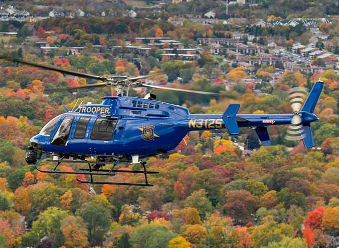 The MSP Bell 407GX helicopter is primarily flown for patrol, search and rescue, traffic enforcement, border security, and marijuana eradication.