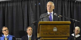Secretary of Defense James N. Mattis addresses students of U.S. NWC 2018 graduating class during a commencement ceremony. The graduating class of 2018 included 323 resident students of the Navy, Marine Corps, Air Force, Army, Coast Guard, federal civilian employees and 103 international students. Additionally, 1,109 students completed coursework through NWC's College of Distance Education programs. (Courtesy of the U.S. Navy and Mass Communication Specialist 2nd Class Jess Lewis)