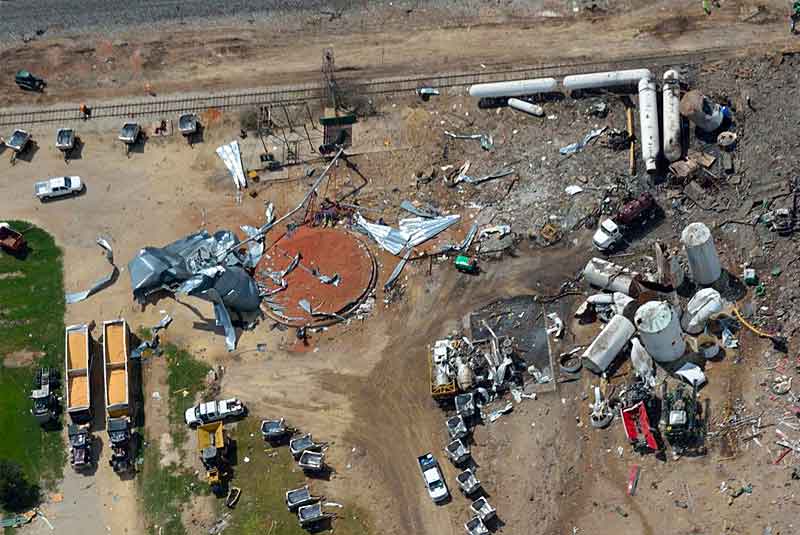 Aerial photo of the west explosion site taken several days after blast (4/22/2013). (Courtesy of Shane Torgerson and Wikipedia)
