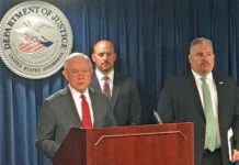 U.S. Attorney General Jeff Sessions, U.S. Attorney for Massachusetts Andrew Lelling and Peter Fitzhugh Special Agent In Charge, HSI Boston, announce results of massive DBFTF operation at U.S. Attorney’s Office, Boston, July 26.