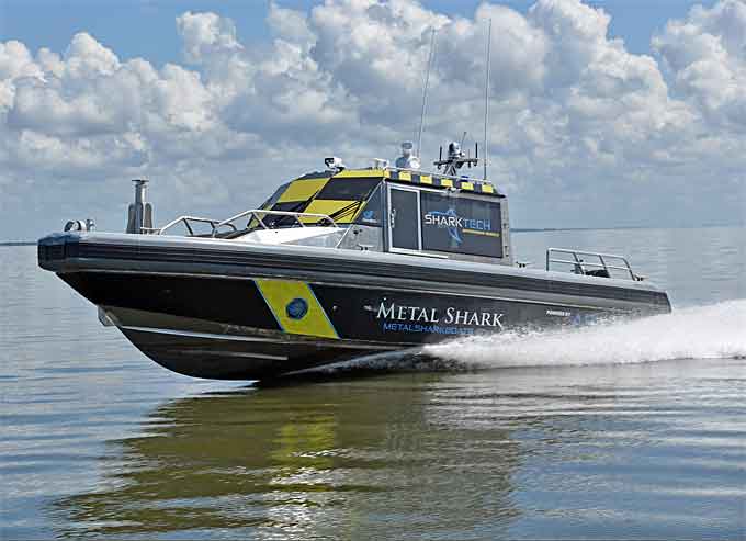 A SHARKTECH-equipped 38 Defiant autonomous vessel testing near Metal Shark’s Jeanerette, Louisiana headquarters in preparation for its public debut at MACC 2018.