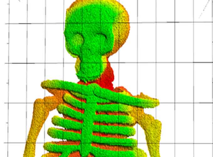 NIST researchers demonstrated that laser ranging could “see through flames” to make this image of a plastic skeleton toy. Laser ranging captured the plastic skeleton’s complex three-dimensional shape, with depth indicated by false color. The plastic did not melt or deform in the fire. (Courtesy of Baumann/NIST)