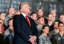 President Donald Trump prepares to address the troops at Joint Base Andrews, Md., (Courtesy of Senior Airman Delano Scott, Air Force)