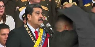 Venezuelan officials say explosive drones went off as President Nicolás Maduro was giving a live televised speech in Caracas, but he is unharmed. (Courtesy of YouTube)
