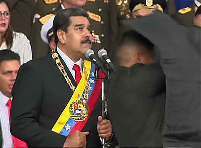 Venezuelan officials say explosive drones went off as President Nicolás Maduro was giving a live televised speech in Caracas, but he is unharmed. (Courtesy of YouTube)