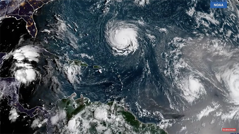 An enhanced satellite image shows Hurricane Florence west of Isaac and Helene. (Courtesy of YouTube)