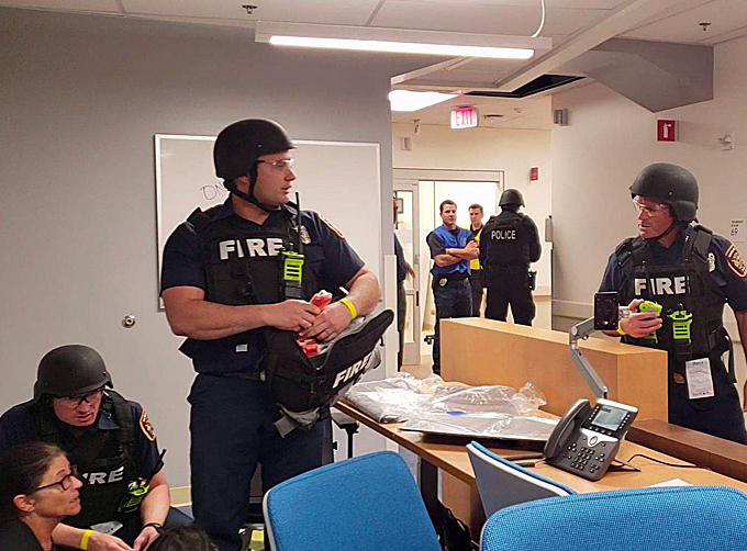 Active shooter and other emergency situations are something the city prepares for, conducting practice drills every three to six months. One such drill recently provided an opportunity for staff to interact with local police and fire personnel who are most likely to respond during an incident. Public and private partnerships like this better prepare the City of Downey to assist its residents. (Courtesy of the Downey Police Dept and Facebook)