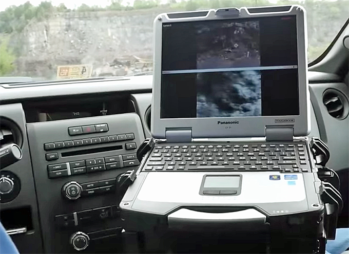 The MVSS control and video recording software is installed on a laptop computer mounted in the cab of the pickup truck and is connected via a wireless network link to the telescoping mast and sensor payload.