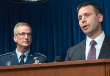 Commissioner Kevin K. McAleenan (at right) talks with the media about Operation Secure Line, with General Terrence O'Shaughnessy of U.S. Northern Command (at left.)