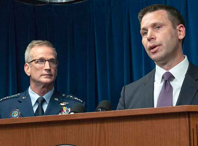 Commissioner Kevin K. McAleenan (at right) talks with the media about Operation Secure Line, with General Terrence O'Shaughnessy of U.S. Northern Command (at left.)