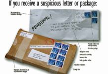 DHS & USPS list some anomalies that should raise red flags about a package, and suggestions on what to do next. (Courtesy of USPS)