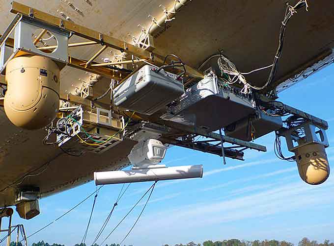 Aerostats can carry a variety of sophisticated payloads including day/night Electro-Optics/Infrared (EO/IR) Cameras, Radars, Signals Intelligence (SIGINT), Communications Relays and more. (Courtesy of TCOM LP)