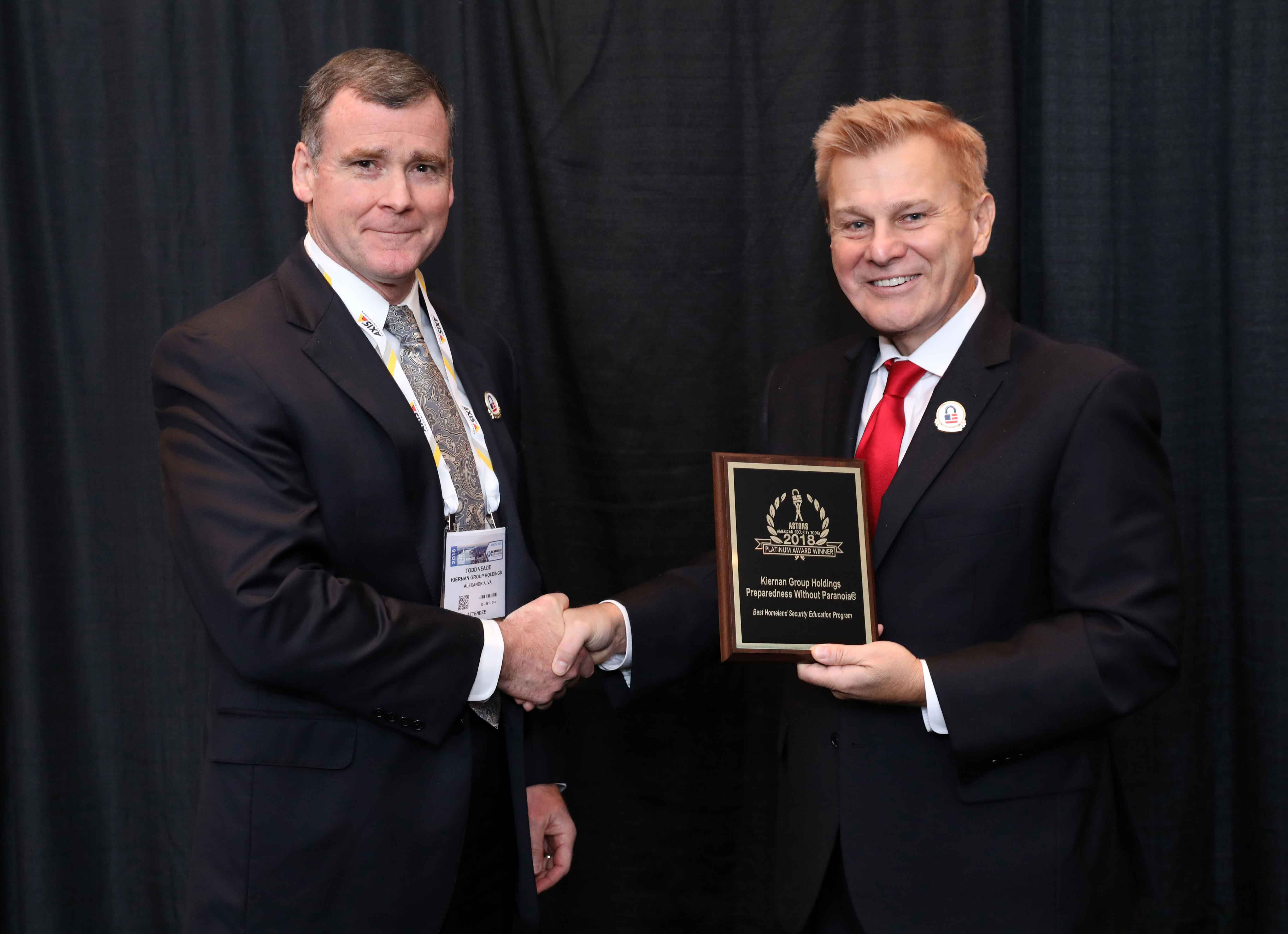 Todd Veazie, Chief Operating Officer, Kiernan Group Holdings accepting a 2018 ‘ASTORS’ Award at ISC East