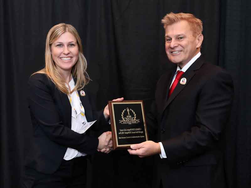 Kristen Goldberg, Director, Marketing and Product Planning at Canon USA, accepting a 2018 ‘ASTORS’ Homeland Security Award at ISC East