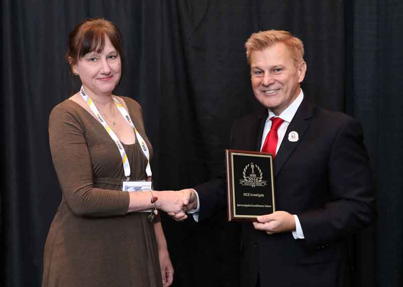 Linda Haelsen, NICE Marketing Communications Manager accepting the NICE 2018 ‘ASTORS’ Award at ISC East in New York City