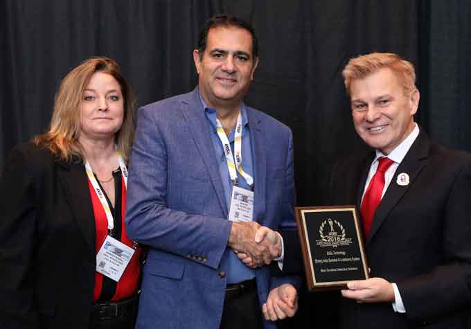 Jennifer Russell, EAGL VP, along with Boaz Raz, CEO, accepting the EAGL Technology 2018 ‘ASTORS’ Homeland Security Award for Best Gunshot Detection System at ISC East.