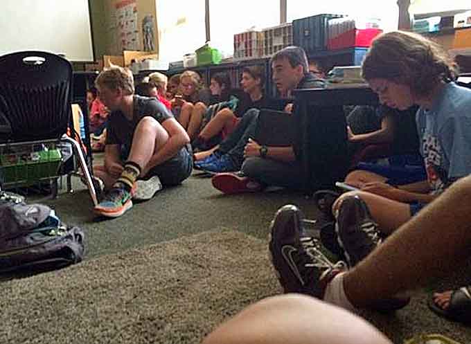 Students hiding in a classroom after being evacuated from Freeman High School in Rockford, WA, on Sept 13, 2017, after a 15 yo student opened fire killing one student, and injuring three others. (Courtesy of ChristinaXX/Twitter)