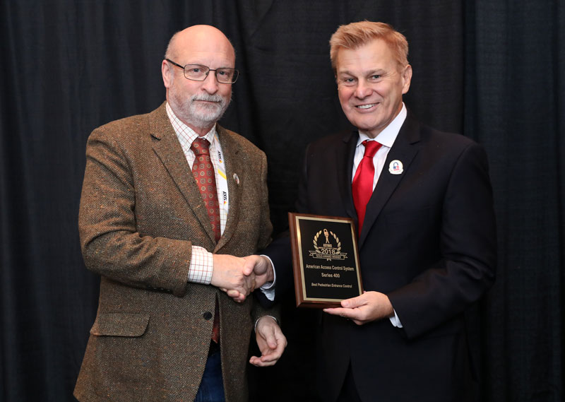 Dave Jones, CEO, American Access Control Systems accepting the company's 2018 'ASTORS' Award at ISC East.