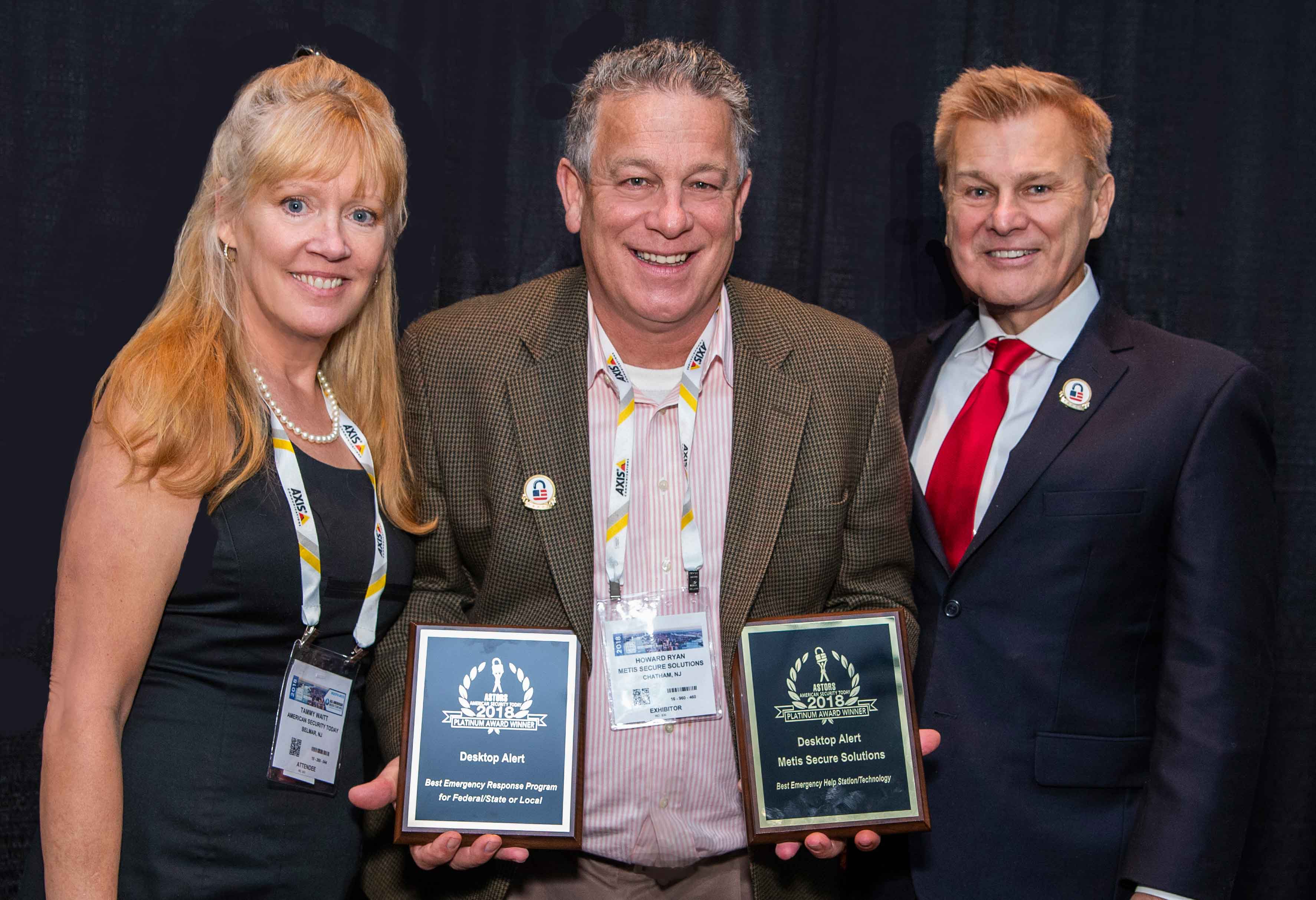 Howard Ryan, Founder & CEO of Desktop Alert, and Owner of Metis Secure Solutions, accepting two 2018 ‘ASTORS’ Awards for their industry-leading ‘Less Than One Minute’ network-centric emergency mass notification solutions.
