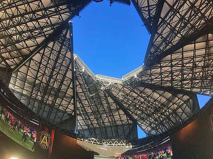 Mercedes-Benz Stadium is one of few American football stadiums with retractable roofs, and one of five in the NFL that has such a roof. Courtesy of Wikipedia)