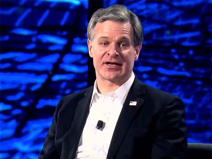 From multinational cyber syndicates to foreign intelligence services, hacktivists, and insider threats, the FBI takes a multidisciplinary approach to combatting threats, explained FBI Director Christopher Wray at the RSA Conference in San Francisco, California, on March 5, 2019. (Courtesy of YouTube)