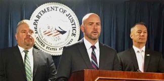 (Left to right) Peter C. Fitzhugh, Special Agent in Charge,HSI Boston U.S. Attorney for the District of Massachusetts Andrew E. Lelling ; Todd M. Lyons, Acting Field Office Director, ERO Boston. (Courtesy of ICE)