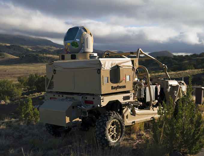 Raytheon's mobile high energy laser looks out into a wide-open sky. The company's advanced high power microwave and high energy laser engaged and defeated dozens of unmanned aerial system targets in a recent U.S. Air Force demonstration.