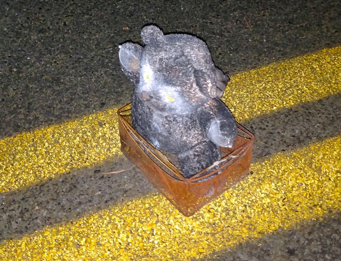 Wesley “Dallas” Ayers placed this bomb-containing teddy bear on a rural South Carolina road in February 2018; this was one of six real and hoax bombs he placed over the course of a month. (Courtesy of the FBI)