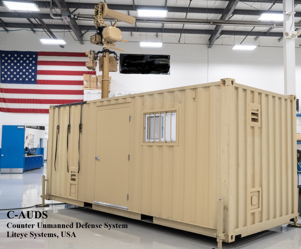 The C-AUDS Containerized Counter-UAS System is designed to detect, track, identify, and defeat hostile unmanned aerial vehicles from Liteye Systems, is designed to disrupt and neutralize Unmanned Aerial Systems (UAS) engaged in hostile airborne surveillance and potentially malicious activity