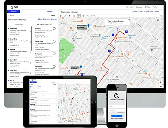 Camera Canvass Tracker software automatically builds a database of camera locations along with other pertinent information that allows the investigator to calculate time differences, record the DVR/cameras, view the database on a list or map and export the database as needed.